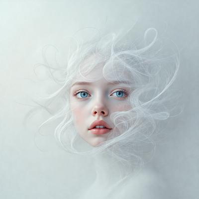 The primary subject of the image is a woman with blonde hair, blue eyes, and a white dress. She is looking at the camera with a pouty expression. The setting is a white background, which creates a clean and minimalist look. The visual style is a digital art or illustration, as the woman appears to be a digital creation. The colors and mood of the image are predominantly white, giving it a clean and serene atmosphere.
